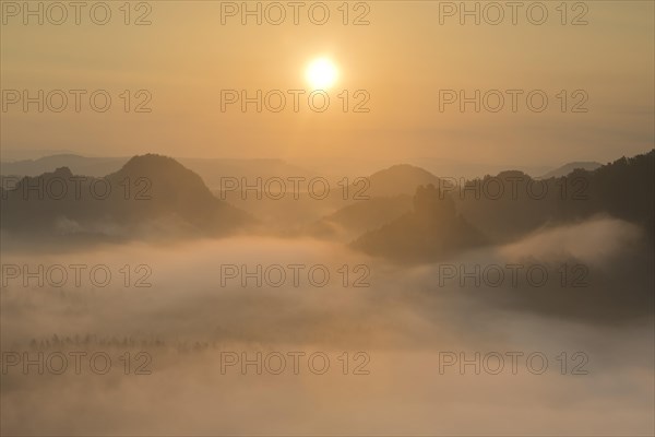 View from Kleiner Winterberg at sunrise View of Lorenzsteine and Hinteres Raubschloss or Winterstein