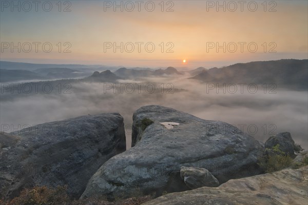 View from Kleiner Winterberg at sunrise View of Lorenzsteine and Hinteres Raubschloss or Winterstein