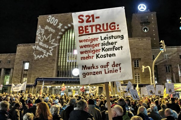 300th Monday demonstration against Stuttgart 21. Rally in front of the main railway station. Mismanagement and suspicion of corruption weigh down the railway project. Lies and deception are frequent accusations by opponents of the station. Stuttgart