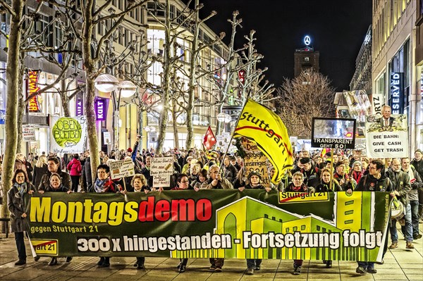 300th Monday demonstration against Stuttgart 21 with demonstration through Koenigstrasse Mismanagement and suspicion of corruption weigh down the railway project. Lies and deception are frequent accusations by opponents of the station. Stuttgart