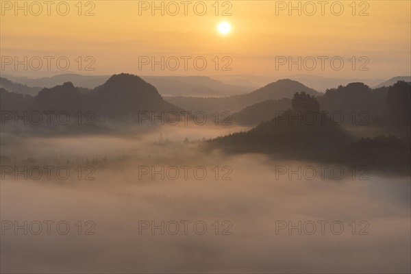 View from Kleiner Winterberg at sunrise View of Lorenzsteine and Hinteres Raubschloss or Winterstein