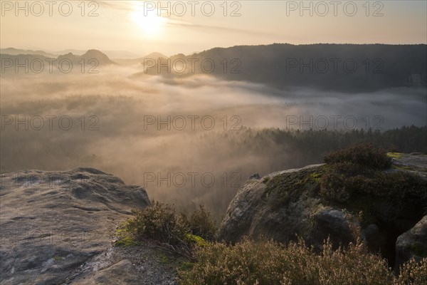 View from Kleiner Winterberg at sunrise View of Lorenzsteine and Hinteres Raubschloss or Winterstein