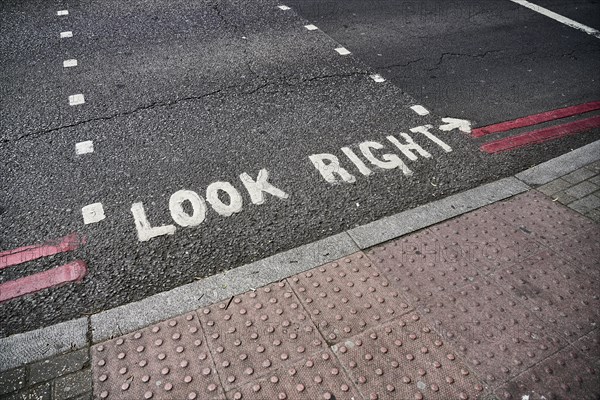 Look Right lettering on pedestrian crossing