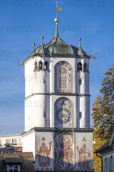 Ravensburg Gate with sundial and clock in the historic old town