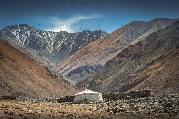 Mongolian nomadic Ger family near the mountain Ikh Bogd. Bayanhongor Province