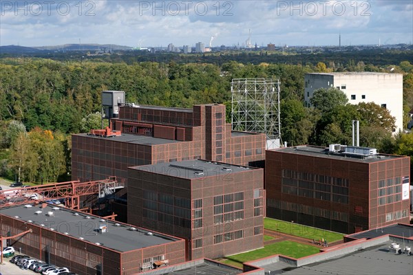 View from the roof terrace of the visitor centre onto the grounds of the Zollverein Coal Mine Industrial Complex with the winding tower