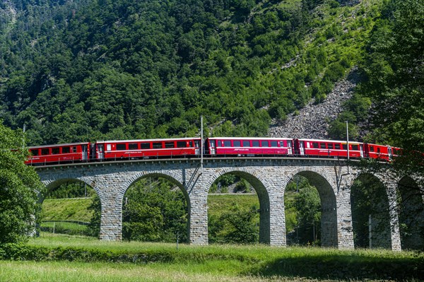 Train crossing the Brusio spiral viaduct