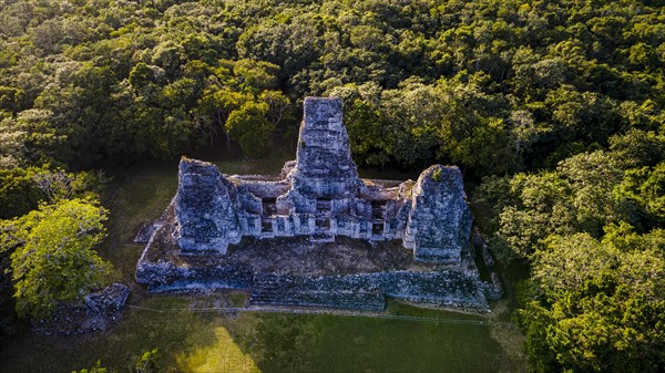 Aerial of the Maya ruins of Xpujil