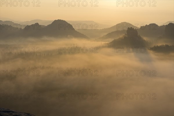 View from Kleiner Winterberg at sunrise View of Lorenzsteine and Hinteres Raubschloss or Winterstein