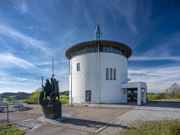 Sculpture of the three Allgaeu saints in front of the ecumenical Gallus Chapel near Leutkirch-Tautenhofen