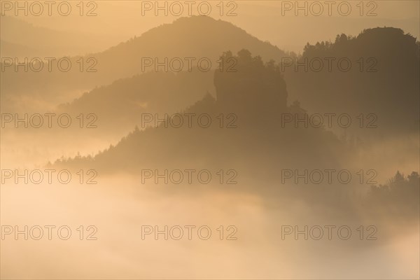 View from Kleiner Winterberg at sunrise View of Hinteres Raubschloss or Winterstein