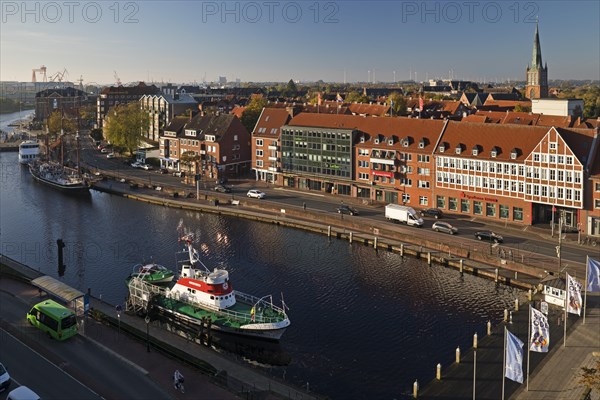 City view from the town hall tower with the museum ship Georg Breusing in the Ratsdelft