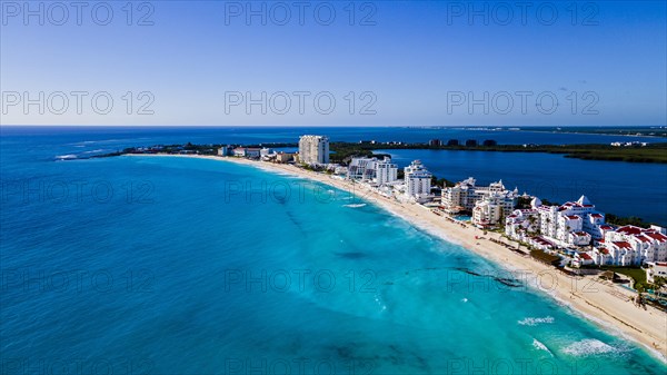 Aerial of the hotel zone with the turquoise waters of Cancun