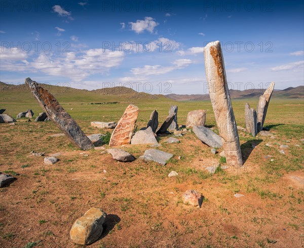 Old deer stones with deer pictures. Bayanhongor Province