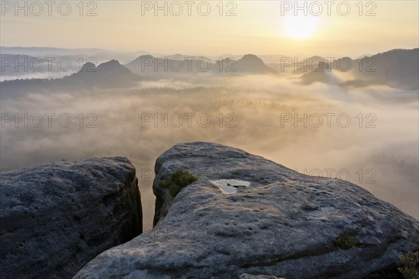 View from Kleiner Winterberg at sunrise View of Lorenzsteine and Hinteres Raubschloss or Winterstein