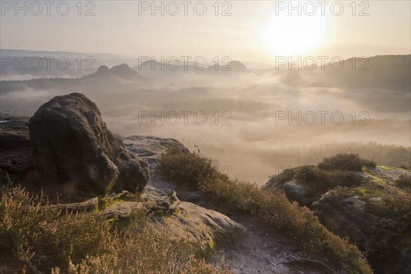 View from Kleiner Winterberg at sunrise View of Lorenzsteine and Hinteres Raubschloss or Winterstein