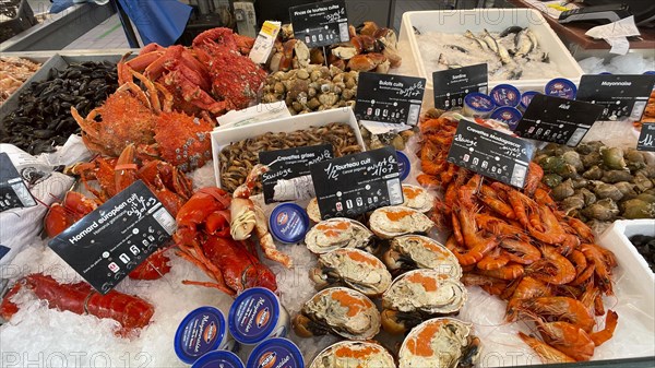 Display of a market stall with seafood such as crabs