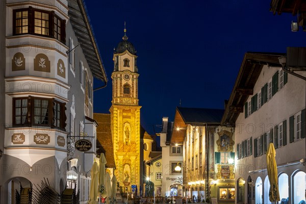 Obermarkt with church of St. Peter and Paul at blue hour