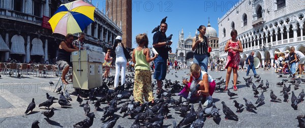 Children feeding pigeons