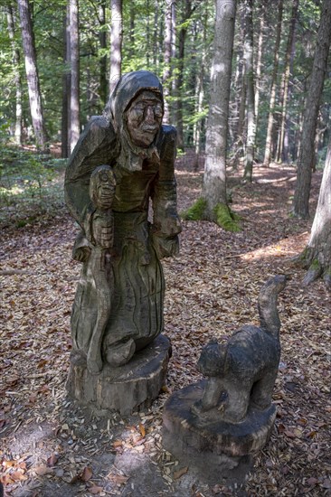 Witch figure and cat in the magic forest Fichtenau-Wildenstein