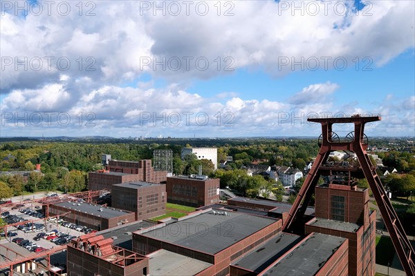 View from the roof terrace of the visitor centre onto the grounds of the Zollverein Coal Mine Industrial Complex with the winding tower