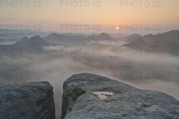 View from Kleiner Winterberg at sunrise View of Lorenzsteine and Hinteres Raubschloss or Winterstein