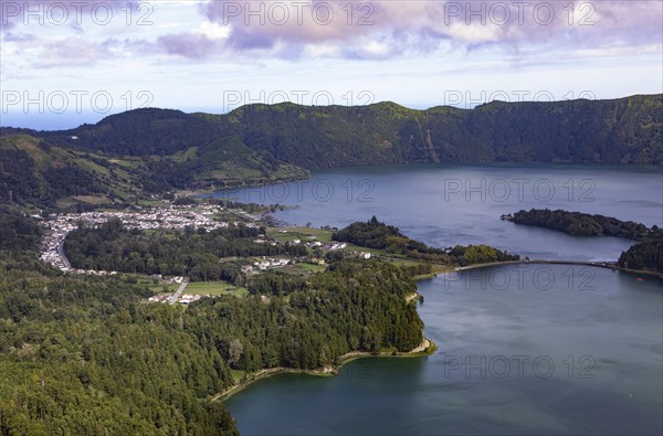 Lagoa Azul and Lagoa Verde with the village of Sete Cidades