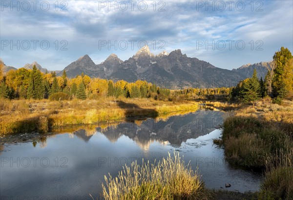 Autumn landscape with Grand Teton Range mountains