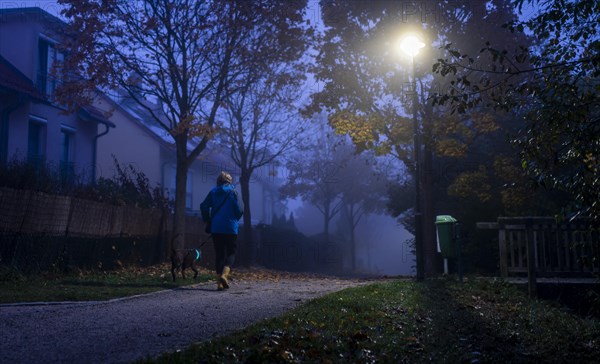 A woman walks her dog through a lonely park in Markt Swabia