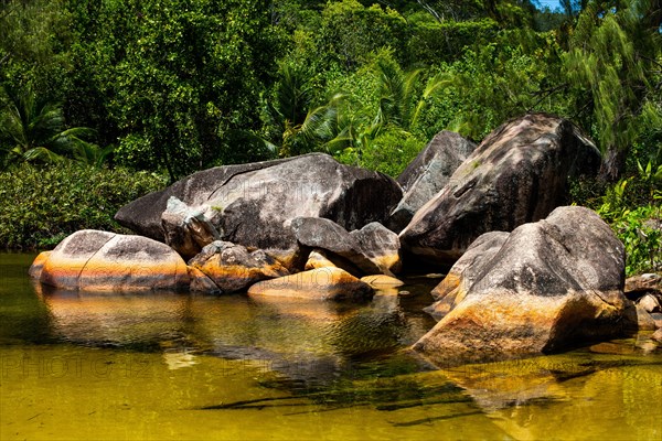 Brackish water behind dream beach with granite rocks and palm trees