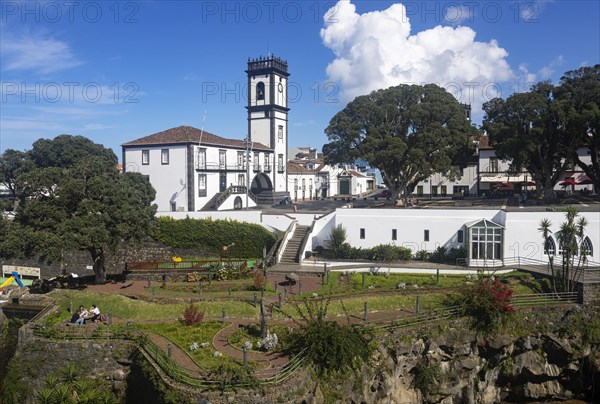 City park with town hall and bell tower