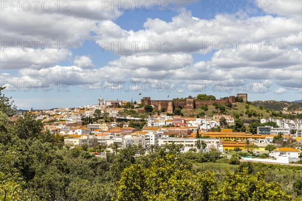 Silves cityscape with Moorish castle and cathedral on the top of the hill