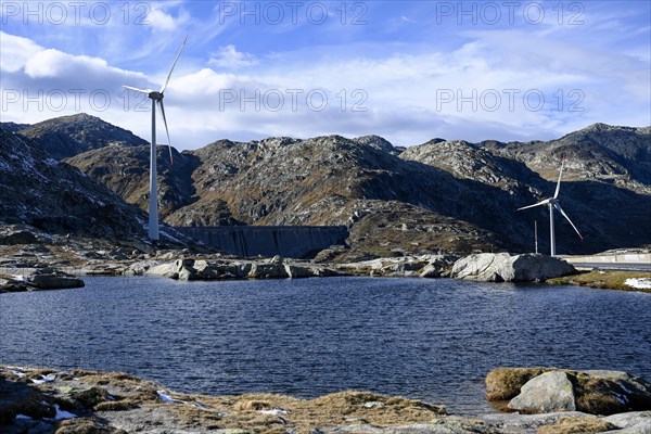 Wind turbines at the top of the Gotthard Pass