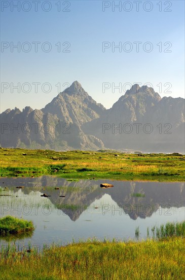 High mountains reflected in a small lake
