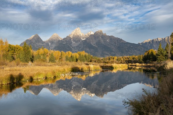 Autumn landscape with Grand Teton Range mountains