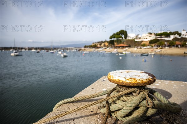 View of fishermen's line harbored in the port of Alvor with cityscape in the background