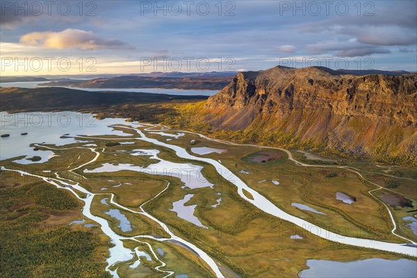 View from Skierffe mountain over the autumnal Rapadalen river delta