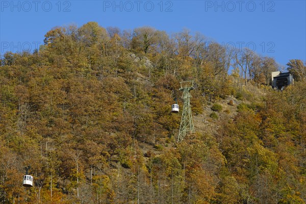 Cable car up the large castle hill in autumn