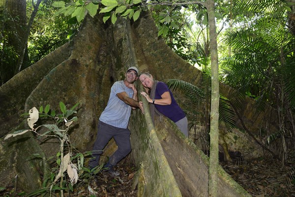 Tourists between Buttress root of a jungle giant