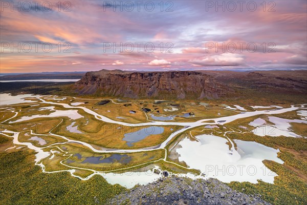 View from Skierffe mountain over the autumnal Rapadalen river delta