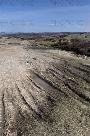 Erosion damage on an upland moor from vehicles and walkers. Swaledale