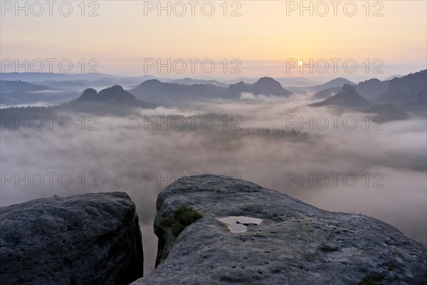 View from Kleiner Winterberg at sunrise View of Lorenzsteine and Hinteres Raubschloss or Winterstein