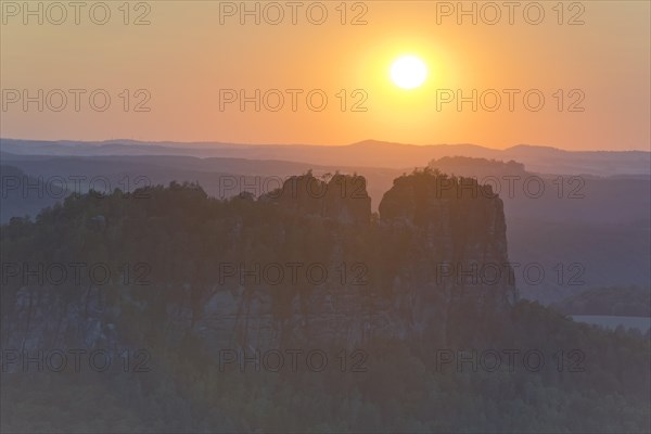 View from Carola Rock over Elbe Sandstone Mountains with Schrammsteine