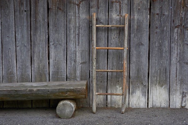 Wooden still life with bench and ladder