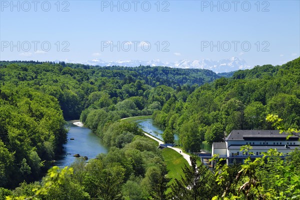 View of the Isar Valley with Wetterstein Mountains and Zugspitze