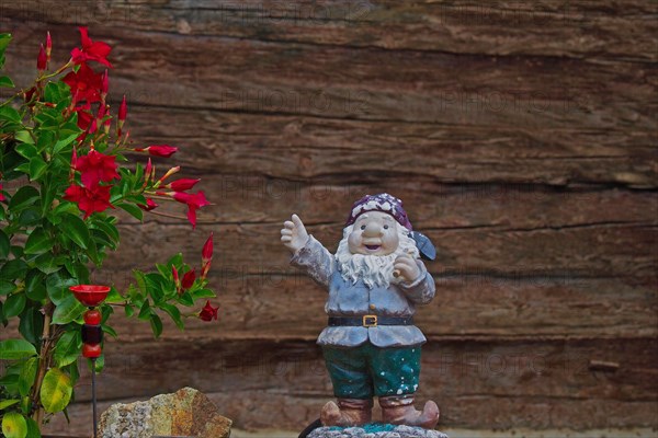 Garden gnome with raised arm