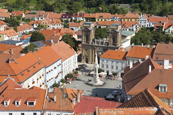 View from the border tower of the chateau to the old town with the town hall square