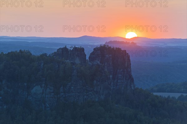 View from Carola Rock over Elbe Sandstone Mountains with Schrammsteine