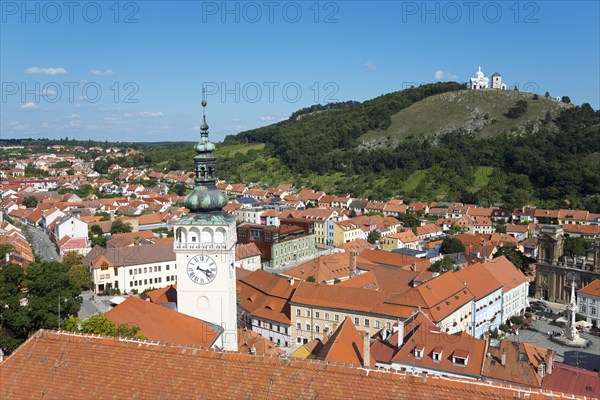 View from the border tower of the chateau to the old town with St. Wenceslas Church and view to the Holy Mountain Svaty kopecek