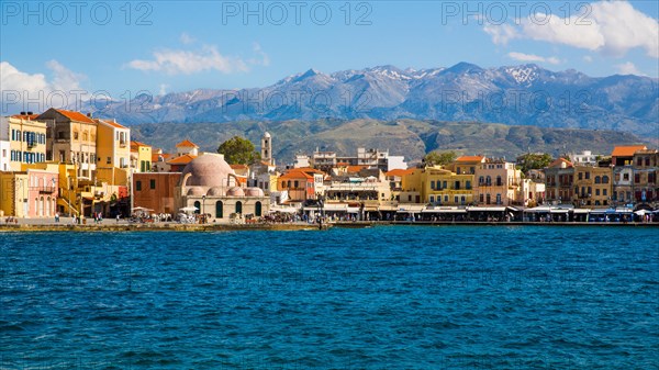 Panorama harbour town of Chania with Janissary Mosque